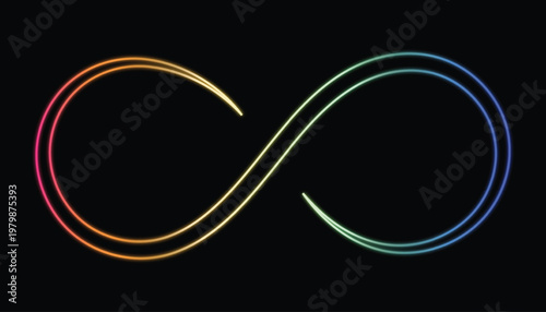 Glowing rainbow color Neon Infinity Symbol Abstract Gradient Light on Black Background