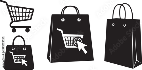 Shopping cart and bag icons in black and white