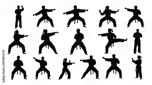 A collection of silhouette figures demonstrating various martial arts stances and forms against a clean white background high quality professional detailed