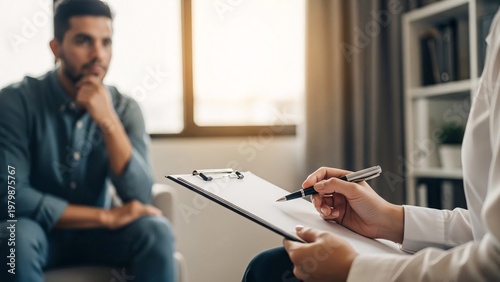 Professional therapy session with a psychologist taking notes and a client sitting attentively in a comfortable office setting for mental health support and counseling