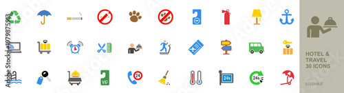 Hotel and Travel Icons collection. No Smoking, Door Hanger / Do Not Disturb,Boarding Pass, Shuttle Bus,Key and Luggage Tag,Swimming Pool, 24/7 Service and more. Perfect vector icon collection.
