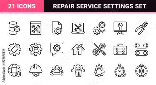 Maintenance and Repair Outline Icons for Technical Support and System Settings