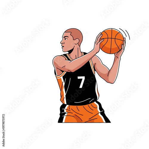 Basketball player holding ball, ready to pass or shoot, athletic man in uniform