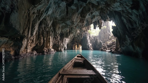 Tranquil Cave Formation with Boat and Water Reflections in Nature