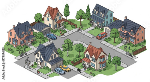 Suburban Neighborhood Street Scene with Houses and Cars.