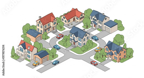 Suburban Neighborhood Street Scene with Houses and Cars.