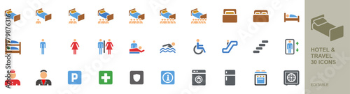 Hotel and Travel Icons collection. Containing Bed / hotel room, Single-six room, suitcase, double/single bed, hotel staf,security/sefety and more. Perfect vector icon collection.