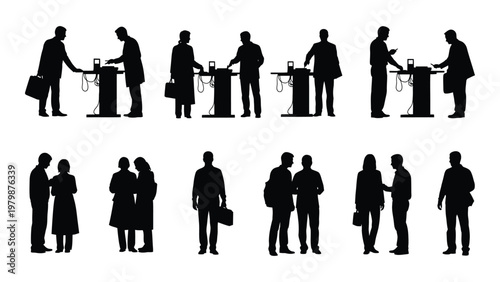 A collection of black silhouettes depicts people interacting at stations and in conversations suggesting a busy public space high quality professional