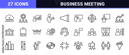 Business presentation and team collaboration line icon set.