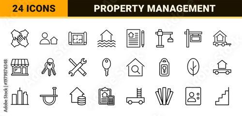 Real estate line icons for property management and home services