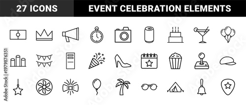 Event and party entertainment minimalist outline icon set