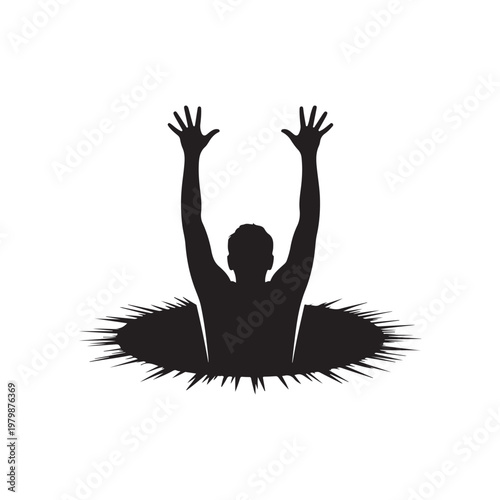 Black silhouette of a person with arms raised in desperation emerging from a jagged dark hole on a white background