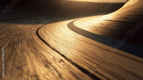 Curved Wood Track with Warm Sunset Lighting and Textured Surface