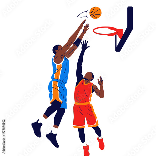 Basketball players jumping for a slam dunk, competitive sports illustration