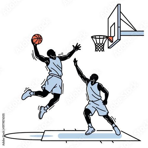 Basketball players jumping, one scoring a dunk, dynamic action illustration