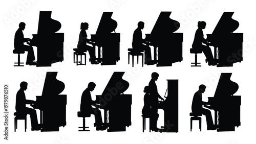 A collection of silhouettes depicts multiple individuals seated at grand and upright pianos practicing or performing music high quality professional detailed