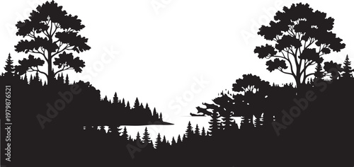 Serene forest landscape with trees and lake silhouette at dusk