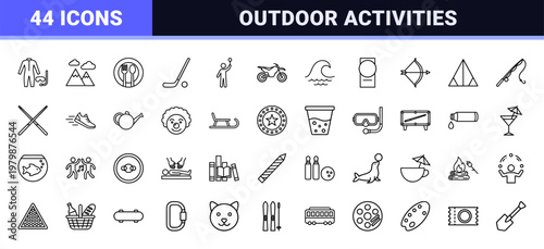 Recreation and leisure activities minimalist outline icon set