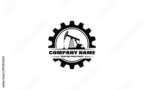 Industrial oil pump jack logo inside gear with company name and tagline vector illustration for business.