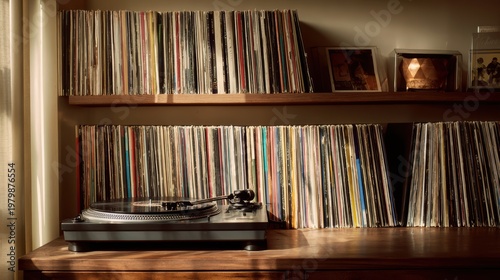 Vintage Turntable with Records on Shelf in Cozy Room Setting