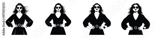 Confident Woman Silhouette Vector Set – Stylish Female Figure in Sunglasses and Dress, Fashion Model Illustration, Beauty, Elegance, and Empowerment Concept in Black and White Design