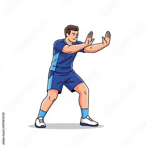 Man in Blue Sportswear Pushing Against Invisible Force, Defensive Stance