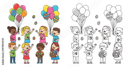 Happy Diverse Kids Celebrating Easter with Colorful Balloons and Decorated Eggs, Includes Black and White Outline Coloring Page Version for Children’s Activity