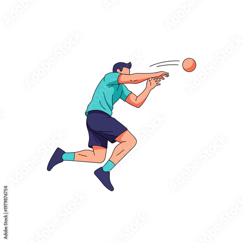 Man playing volleyball, jumping to hit ball, dynamic action, sport illustration