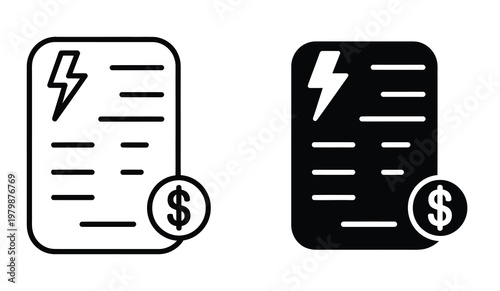 Electricity bill with dollar symbol icon set representing energy cost invoice payment power consumption financial concept vector illustration