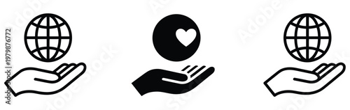Hand holding globe icon set representing global connection network and environmental care, earth protection teamwork and eco friendly sustainability awareness concept vector