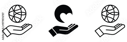 Hand holding globe icon set representing global connection network and environmental care, international cooperation sustainability and world protection concept vector