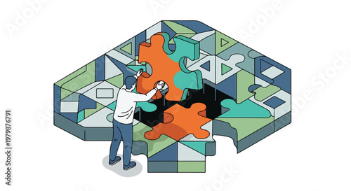This vector features a person placing a large orange and green puzzle piece into an intricate, multicolored isometric geometric structure.
