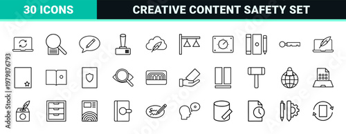 Copyright protection and legal intellectual property outline icon set