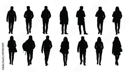 A collection of black silhouettes depicts a diverse group of people walking showcasing various outerwear and postures high quality professional detailed
