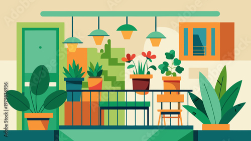 A cozy balcony filled with various potted plants and hanging lights, creating a green oasis