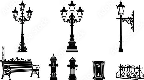 Vintage street elements collection featuring ornate iron lamp posts benches fire hydrants and park infrastructure components displayed as a clean black and white vector graphic design set for urban pl