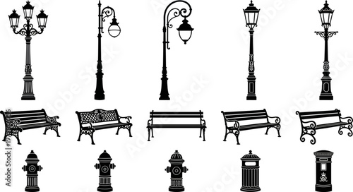 Collection of detailed black vector graphic silhouettes displaying various vintage street lamps paired with ornate park benches and utility items for urban landscape design projects and architectural 