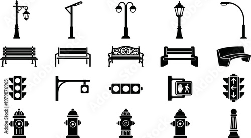 Set of black street furniture vector graphic icons featuring various styles of lamp posts park benches traffic lights and fire hydrants for urban landscape design projects and architectural planning n