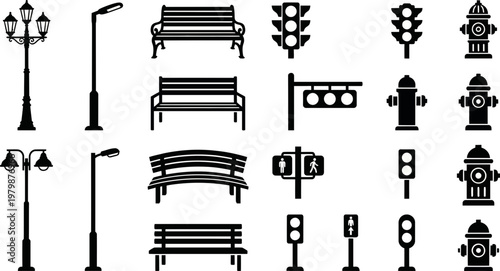 The image contains various black silhouette vector graphics of street lights, park benches, traffic lights, pedestrian signals, and fire hydrants, presented as a comprehensive urban design icon set fo