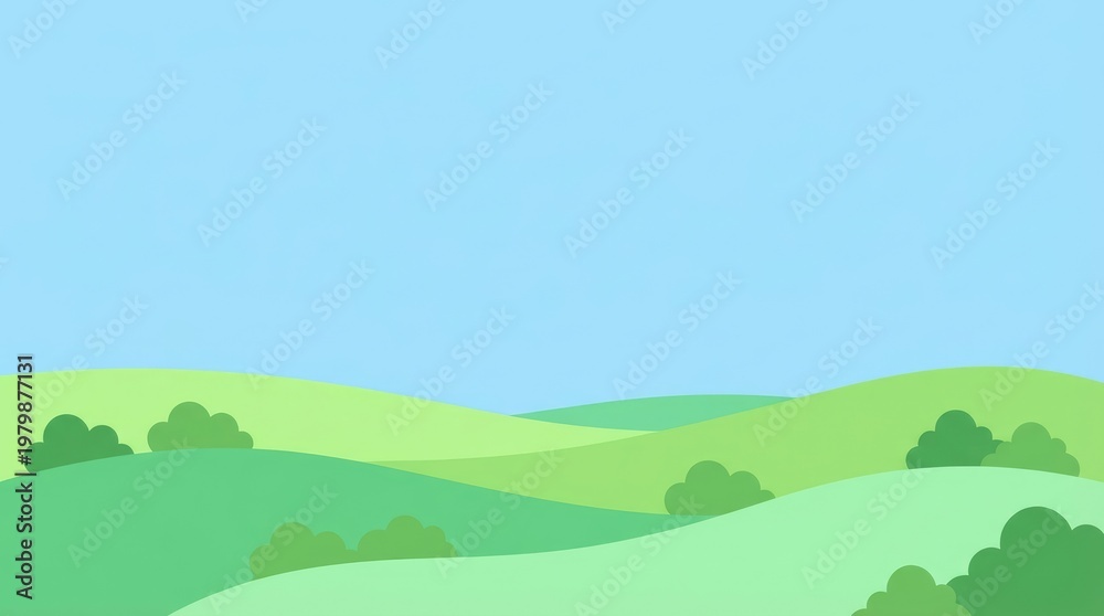 Obraz premium Vibrant green rolling hills landscape with gentle undulating terrain, lush grassy meadows under clear blue sky, serene nature scenery for travel, environmental, and outdoor lifestyle concepts