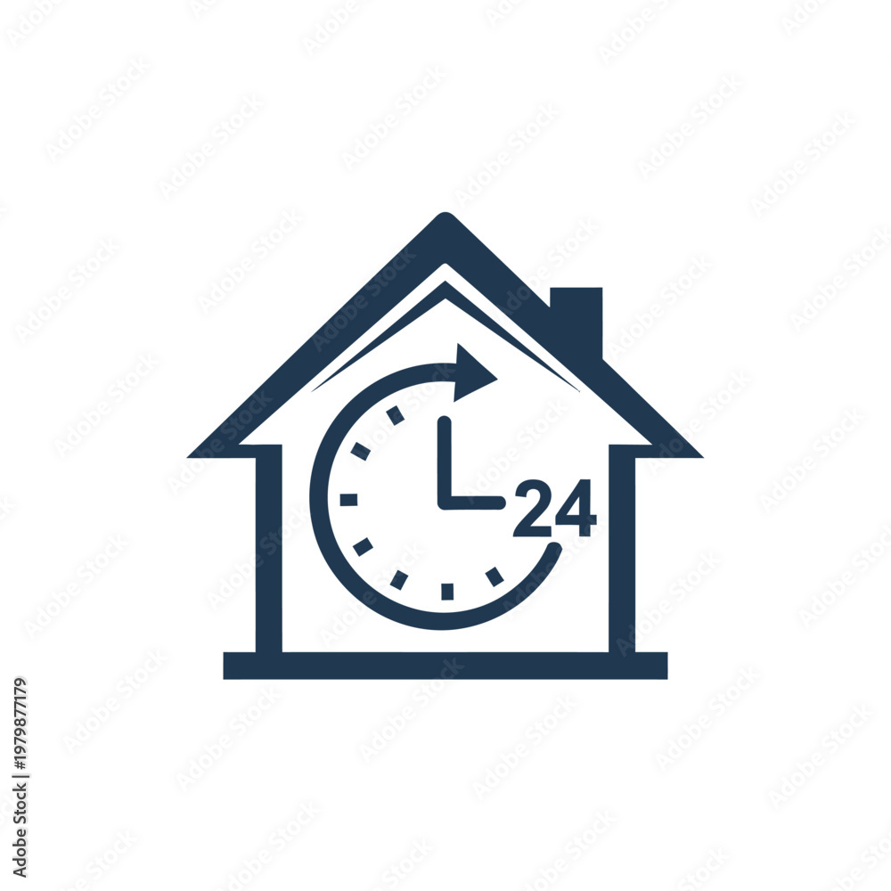 Fototapeta premium 24 Hour Home Service Icon with Clock Inside House.