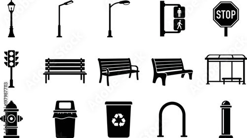 Collection of fifteen black silhouette vector graphic icons representing essential urban infrastructure elements including street lighting signals seating bus shelters trash disposal units and various