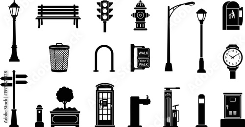 Detailed collection of urban street elements featuring various public infrastructure icons presented as a clean black and white vector graphic design set perfect for city planning or modern architectu