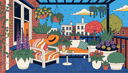 A vibrant illustration of a cozy balcony filled with potted plants and comfortable seating under a blue sky.