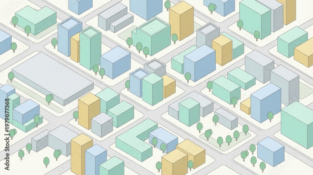 Fototapeta premium Isometric illustration of modern urban cityscape with diverse buildings, greenery, and interconnected streets, minimalist architectural design concept for real estate, urban planning, or city