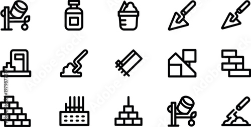 Set of construction icons with tools and materials for building and cement work