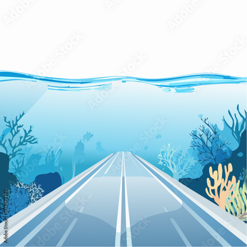 Surreal underwater road illustration with vibrant coral reefs on an imagined aquatic journey into the deep