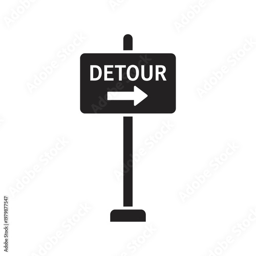 Black and white detour road sign icon with right arrow. EPS Editable. Vector Illustrations.