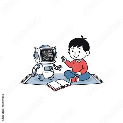 Boy and Robot Learning Together on a Rug.