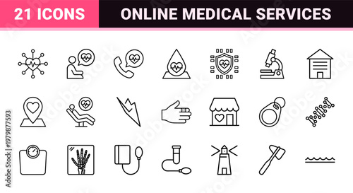 Minimalist digital healthcare and online medicine line icon set